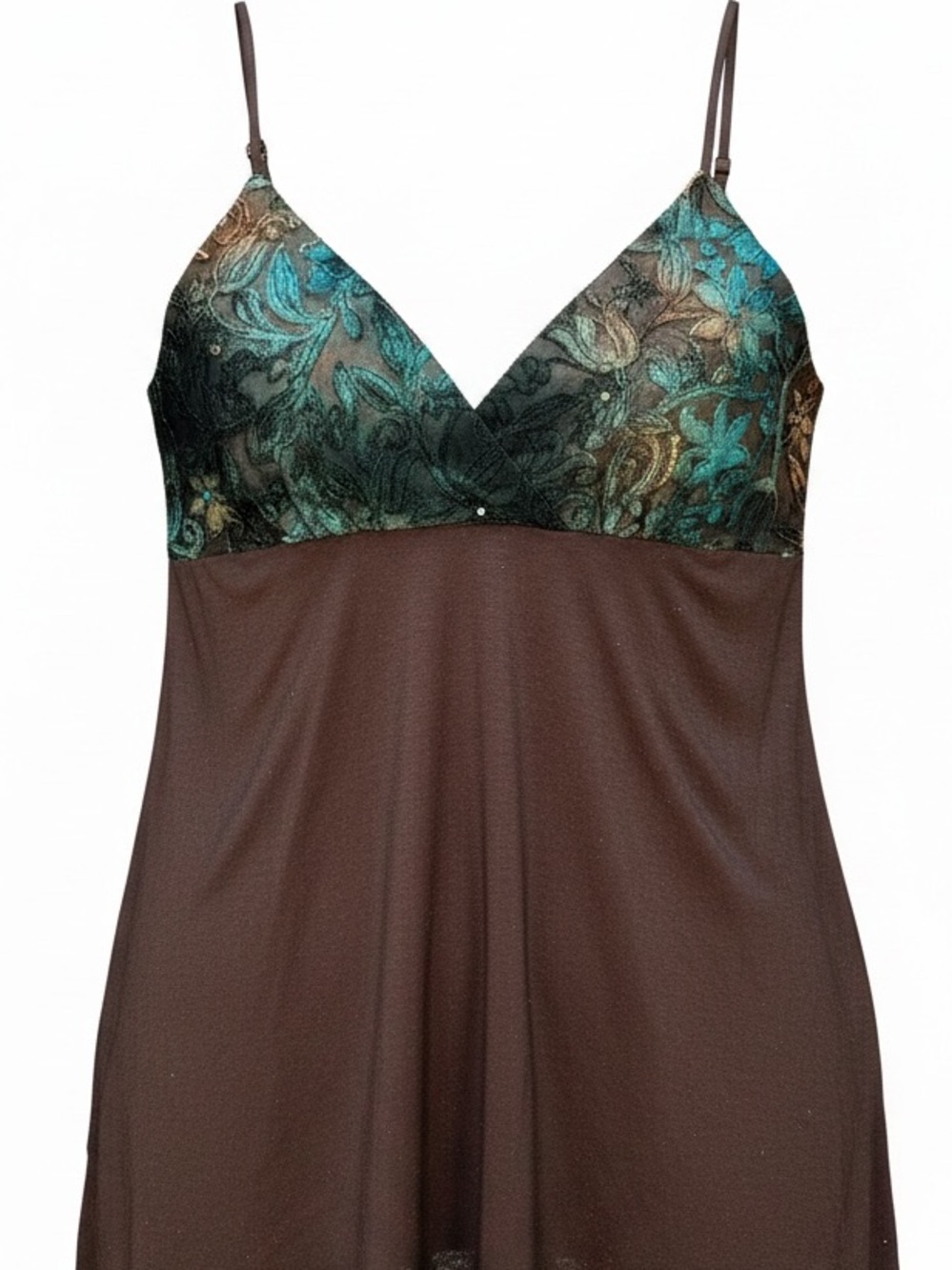 Brown Chemise with Teal Floral Lace Bodice